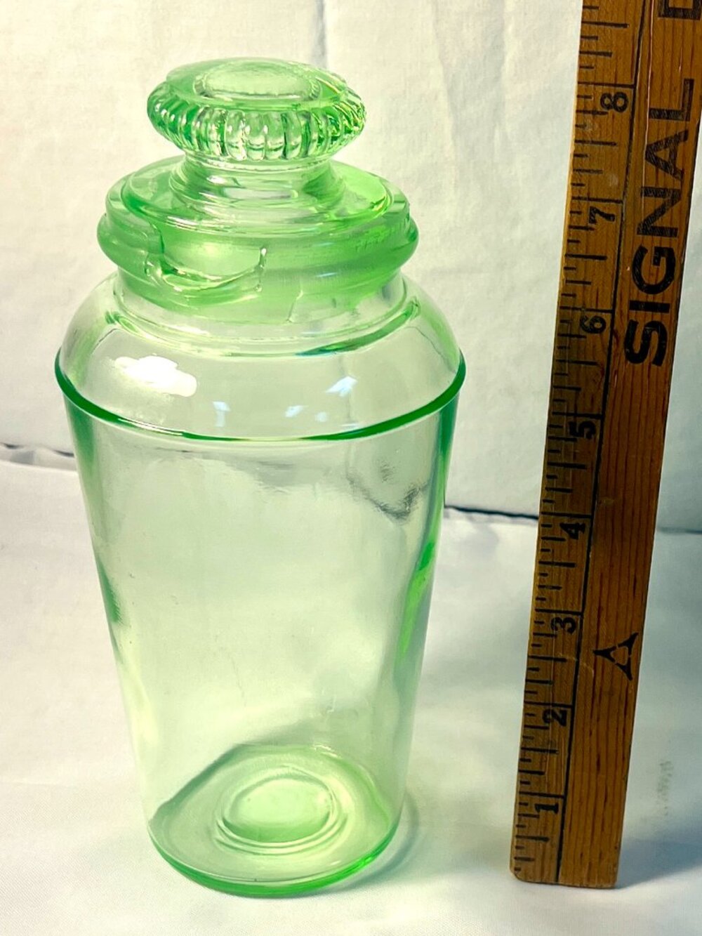 Vintage Uranium Glass Apothecary Jar with Ribbed Stopper Lid - B4